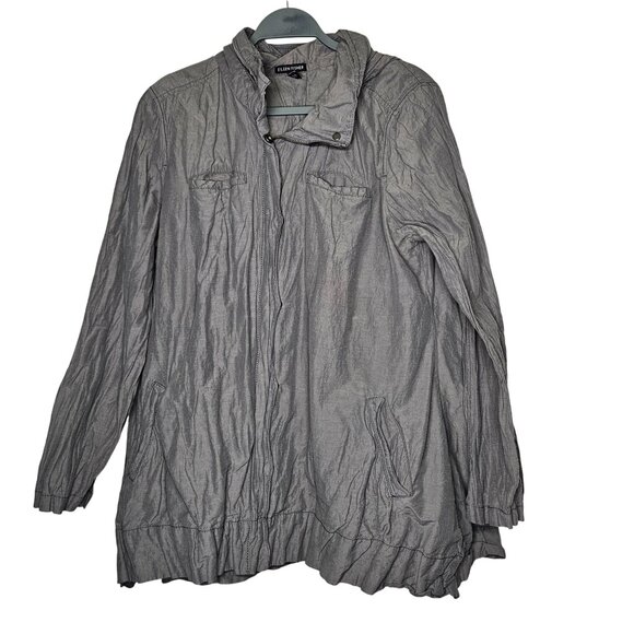 Eileen Fisher Lightweight Gray Crinkle Hooded Jacket Organic Cotton Blend L - Picture 1 of 12